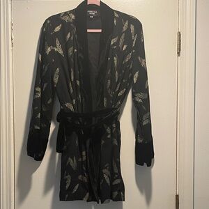 Johnny Was Black Velvet Workshop Foil Feather Design Kimono Jacket